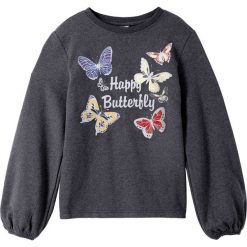 Bluza dresowa bonprix antracytowy melanż. Szare bluzy dziewczęce bonprix, z nadrukiem, z bawełny, bez rękawów, bez kaptura. Za 44,99 zł.