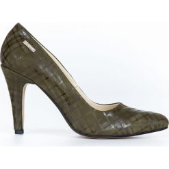 Oliwkowe szpilki w kratkę - skóra naturalna - model 035 - kolor oliwkowa kratka. Zielone czółenka damskie Zapato, na imprezę, z nadrukiem, ze skóry, na wysokim obcasie, na obcasie. W wyprzedaży za 191,40 zł.