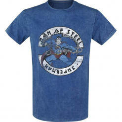 Superman Man Of Steel T-Shirt ciemnoniebieski. Niebieskie koszulki męskie Superman, xl, z nadrukiem, klasyczne, z okrągłym kołnierzem. Za 99,90 zł.