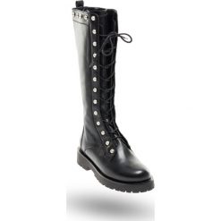 TRAPERY TWINSET. Czarne buty trekkingowe damskie Twinset, ze skóry, przed kolano, na wysokim obcasie, na obcasie, na sznurówki. Za 769,50 zł.