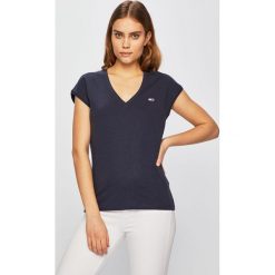 Tommy Jeans - Top. Niebieskie bluzki damskie Tommy Jeans, s, bez wzorów, z bawełny, bez kołnierzyka. W wyprzedaży za 99,90 zł.