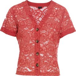 Shirt bluzkowy z koronki bonprix czerwony. Czerwone koszulki damskie bonprix, w koronkowe wzory, z materiału, bez kołnierzyka, z krótkim rękawem. Za 109,99 zł.