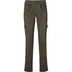 Spodnie chino ze stretchem, z naszywanymi kieszeniami bonprix ciemnooliwkowy. Zielone spodnie damskie bonprix, bez wzorów. Za 99,99 zł.