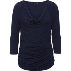 Shirt z rękawami 3/4 i dekoltem "wodą" bonprix ciemnoniebieski. Niebieskie koszulki damskie bonprix, bez wzorów, bez kołnierzyka, bez rękawów. Za 59,99 zł.