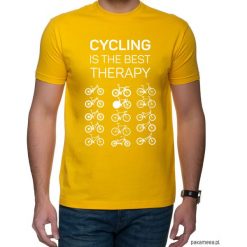 Koszulka T-SHIRT. Cycling is the best therapy. Pomarańczowe koszulki męskie Pakamera, m, z nadrukiem, bez kołnierzyka. Za 85,00 zł.