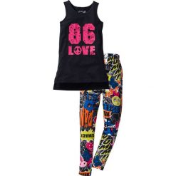 Długi top + długie legginsy (2 części) bonprix czarny z kolorowym nadrukiem. Czarne legginsy dziewczęce bonprix, z nadrukiem, długie. Za 54,99 zł.
