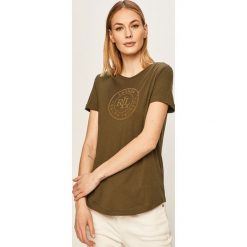 Lauren Ralph Lauren - T-shirt. Żółte bluzki damskie Lauren Ralph Lauren, s, z aplikacjami, z bawełny, casualowe, z okrągłym kołnierzem. W wyprzedaży za 159,90 zł.