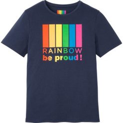 T-shirt Slim Fit bonprix ciemnoniebieski z nadrukiem. Niebieskie koszulki męskie bonprix, xl, z nadrukiem, z okrągłym kołnierzem, bez rękawów. Za 42,99 zł.