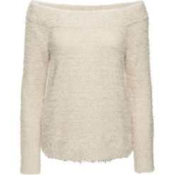 Sweter dzianinowy bonprix beżowo-szary. Brązowe swetry klasyczne damskie marki bonprix, z dzianiny, z kołnierzem typu carmen. Za 59,99 zł.