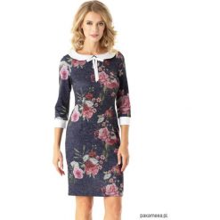 Dopasowana sukienka z kołnierzykiem Flora kwiaty. Szare sukienki damskie Pakamera, w kwiaty, bez kołnierzyka, bez rękawów, mini, ołówkowe. Za 175,00 zł.