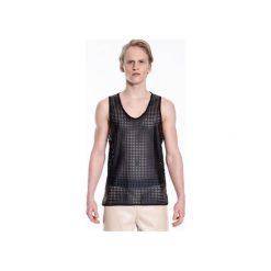 T-shirty męskie: Tank top z perforowanej skóry ekologicznej -duża kratka |CZARNY|