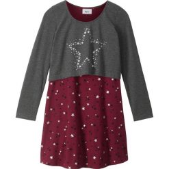 Sukienki dziewczęce z falbanami: Sukienka + shirt „boxy” (2 części) bonprix antracytowy melanż – czerwony rododendron