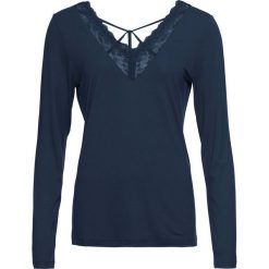 Shirt z długim rękawem i koronkową wstawką bonprix ciemnoniebieski. Niebieskie koszulki damskie bonprix, bez wzorów, z koronki, bez kołnierzyka, z długim rękawem. Za 74,99 zł.