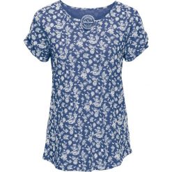 T-shirt bawełniany z nadrukiem, krótki rękaw bonprix indygo. Niebieskie t-shirty damskie bonprix, z nadrukiem, z bawełny, bez kołnierzyka. Za 44,99 zł.