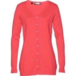 Długi sweter rozpinany bonprix koralowy. Różowe swetry damskie bonprix, bez wzorów, eleganckie, z długim rękawem, długie, bez kaptura. Za 74,99 zł.