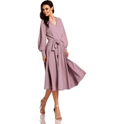 Sukienka kopertowa midi elegancka - capucino, m. Sukienki damskie e-margeritka.pl, na imprezę, s, w paski, z poliesteru, eleganckie, bez kołnierzyka, bez rękawów, midi, rozkloszowane. Za 159,99 zł.