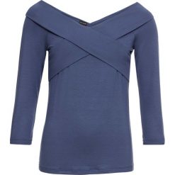 Shirt z dżerseju z założeniem kopertowym, rękawy 3/4 bonprix indygo. Niebieskie koszulki damskie marki bonprix, bez wzorów, z dżerseju, bez kołnierzyka, bez rękawów. Za 54,99 zł.