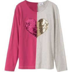 Shirt z długim rękawem i dwustronnymi cekinami bonprix naturalny melanż - jeżynowy. Białe bluzki dziewczęce bonprix, z aplikacjami, bez kołnierzyka, z długim rękawem, długie, bez kaptura. Za 44,99 zł.