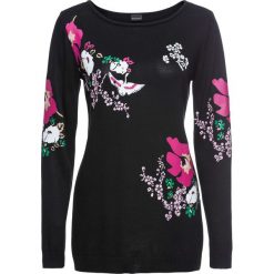 Sweter bonprix czarno-różowo-biały z nadrukiem. Czarne swetry klasyczne damskie bonprix, z dzianiny. Za 79,99 zł.