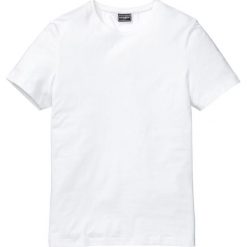 T-shirt ze stretchem Slim Fit bonprix biały. Białe t-shirty męskie bonprix, xxl, bez wzorów, z okrągłym kołnierzem. Za 21,99 zł.