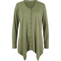 Sweter rozpinany z dłuższymi bokami bonprix oliwkowy. Zielone swetry damskie bonprix, bez wzorów, bez rękawów, bez kaptura. Za 74,99 zł.