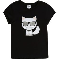 Karl Lagerfeld - T-shirt dziecięcy 114-150 cm. Czarne bluzki dziewczęce KARL LAGERFELD, z nadrukiem, z bawełny, z okrągłym kołnierzem, z krótkim rękawem, krótkie, bez kaptura. W wyprzedaży za 139,90 zł.