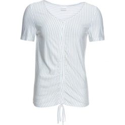 Shirt z marszczeniem bonprix biel wełny - jasnoniebieski w paski. Białe koszulki damskie bonprix, w paski, z wełny, z dekoltem w serek, bez rękawów. Za 37,99 zł.
