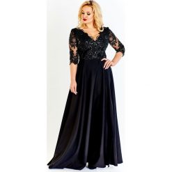 Wieczorowa sukienka maxi z dopasowaną gipiurową górą ozdobioną cekinami i rękawem 3/4 luźny dół czarny. Czarne sukienki damskie N/A, plus size, bez wzorów, z elastanu, wizytowe, bez kołnierzyka, plus size, bez rękawów, maxi, dopasowane. Za 350,12 zł.