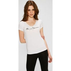 Pepe Jeans - Top Bobie. Białe bluzki damskie Pepe Jeans, s, z nadrukiem, z elastanu, bez kołnierzyka. W wyprzedaży za 59,90 zł.