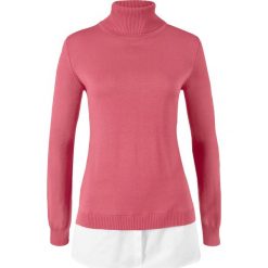 Sweter z golfem i wstawką z tkaniny bonprix dymny malinowy. Różowe swetry damskie bonprix, bez wzorów, z tkaniny, bez rękawów. Za 74,99 zł.