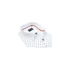 Biała koszula z granatowym wzorem A35. Białe koszule męskie Modini Moda Męska, m, bez wzorów, z bawełny, klasyczne, z klasycznym kołnierzykiem, z długim rękawem. Za 125,10 zł.