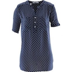 Bluzka tunikowa, krótki rękaw bonprix ciemnoniebiesko-biały w kropki. Białe bluzki damskie marki bonprix, w kropki, z krótkim rękawem. Za 54,99 zł.