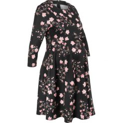 Sukienka ciążowa neoprenowa bonprix czarny w kwiaty. Czarne sukienki ciążowe marki bonprix, w kwiaty, z neoprenu, z okrągłym kołnierzem, moda ciążowa, z krótkim rękawem, mini, dopasowane. Za 89,99 zł.