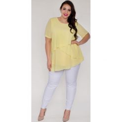 Lekka zwiewna żółta szyfonowa tunika oversize duże rozmiary NOWOŚĆ. Żółte bluzki damskie Moda Size Plus Iwanek, l, bez wzorów, z szyfonu, eleganckie, z asymetrycznym kołnierzem, z krótkim rękawem. Za 119,00 zł.