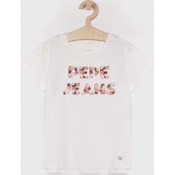 Pepe Jeans - Top dziecięcy Mildred 128-180 cm. Białe bluzki dziewczęce marki Pepe Jeans, z nadrukiem, z bawełny, z okrągłym kołnierzem, z krótkim rękawem, krótkie, bez kaptura. Za 119,90 zł.