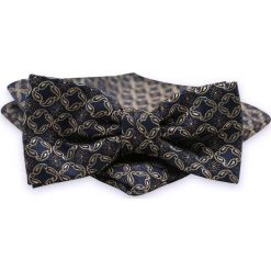 Granatowo-Beżowa Mucha Męska -ALTIES- z Taką Samą Poszetką, Wzór Paisley MUALTS0545. Niebieskie muszki męskie Alties, w paski, eleganckie. Za 39,00 zł.