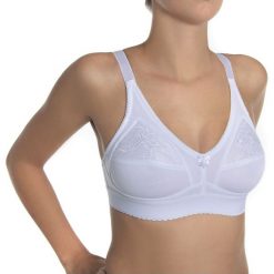 Biustonosz w kolorze białym. Białe biustonosze Sassa, Bye Bra, z haftami. W wyprzedaży za 39,95 zł.