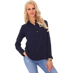 Granatowa Koszulowa Bluzka w Typie Polo w Kropki. Niebieskie bluzki damskie Molly.pl, s, bez wzorów, z jeansu, eleganckie, polo, z długim rękawem. Za 98,90 zł.