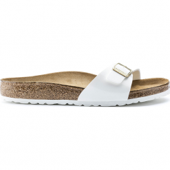 Birkenstock Madrid 1005310. Klapki damskie Birkenstock, w paski, ze skóry, bez obcasa. W wyprzedaży za 179,99 zł.
