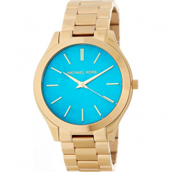 Zegarek kwarcowy "Slim Runway" w kolorze turkusowo-złotym. Białe zegarki damskie marki Michael Kors, ze stali. W wyprzedaży za 454,95 zł.