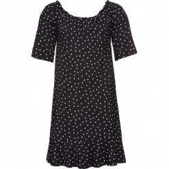 Sukienka shirtowa z dekoltem "carmen" bonprix czarno-biały w kropki. Czarne sukienki damskie bonprix, bez wzorów, bez kołnierzyka, bez rękawów. Za 59,99 zł.