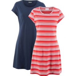 Sukienka shirtowa ze stretchem (2 szt.), w paski + gładka bonprix truskawkowy w paski + ciemnoniebieski. Czerwone sukienki damskie bonprix, w paski, bez kołnierzyka, bez rękawów. Za 89,98 zł.