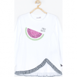 Koszulka. Białe bluzki dziewczęce marki FRUIT & FUN, z aplikacjami, z długim rękawem. Za 45,90 zł.