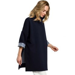 Granatowa Nowoczesna Miejska Bluza z Podszewką w Kratkę. Niebieskie bluzki damskie Molly.pl, uniwersalny, w kratkę, z jeansu, bez kołnierzyka, bez rękawów. Za 142,90 zł.
