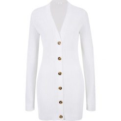 Sweter rozpinany bonprix biel wełny. Białe swetry damskie bonprix, bez wzorów, z wełny, bez rękawów, bez kaptura. Za 74,99 zł.