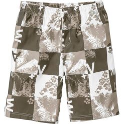 Bermudy plażowe Regular Fit bonprix biało-ciemnoniebieski z nadrukiem. Białe spodenki i szorty męskie bonprix, s, z nadrukiem. Za 69,99 zł.