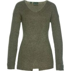 Sweter we wzór w warkocze bonprix oliwkowy. Zielone swetry klasyczne damskie bonprix, z dzianiny. Za 59,99 zł.