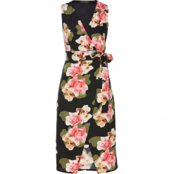 Sukienka bonprix czarny z kolorowym nadrukiem. Czarne sukienki damskie bonprix, z nadrukiem, eleganckie, bez kołnierzyka, bez rękawów, kopertowe. Za 119,99 zł.