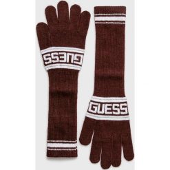 Guess Jeans - Rękawiczki. Brązowe rękawiczki damskie Guess Jeans, z aplikacjami, z elastanu. W wyprzedaży za 89,90 zł.
