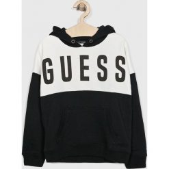 Guess Jeans - Bluza dziecięca 125-175 cm. Czarne bluzy chłopięce Guess Jeans, z nadrukiem, z bawełny, bez rękawów, z kapturem. W wyprzedaży za 159,90 zł.
